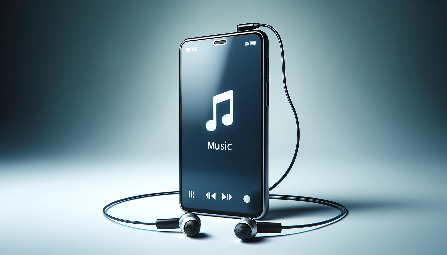 A generic smartphone displaying a music app icon on its screen, accompanied by earphones, symbolizing on-the-go music listening