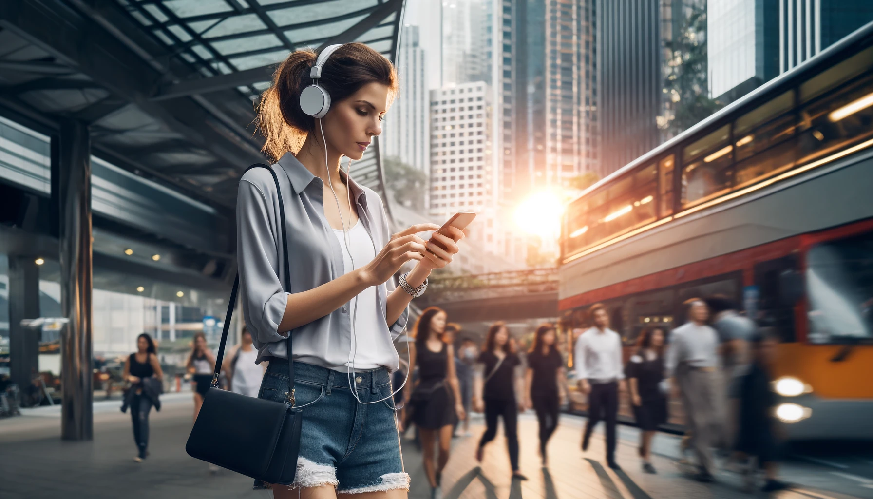 modern woman in an urban setting, actively engaging with her smartphone for various purposes such as streaming music, social media, and communication