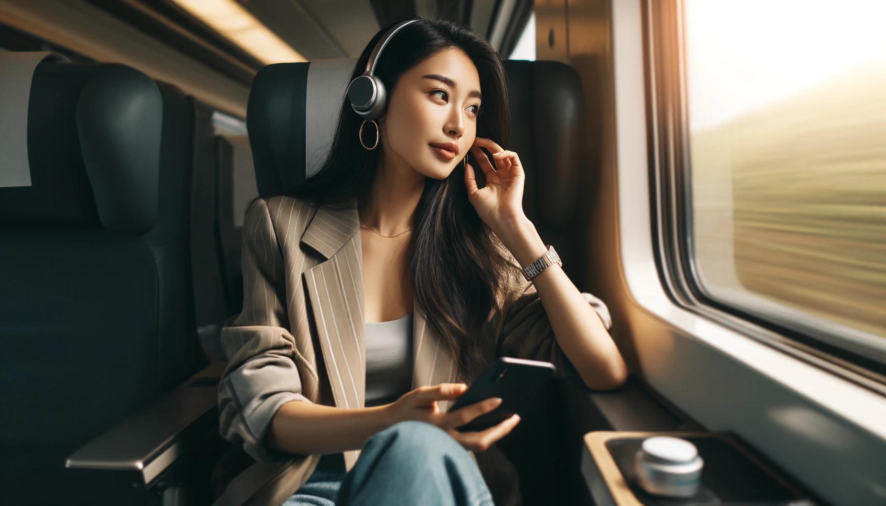 A beautiful young Asian woman sitting and traveling on a high-speed train, talking with someone using her smartphone and listening to music with Bluetooth headphones