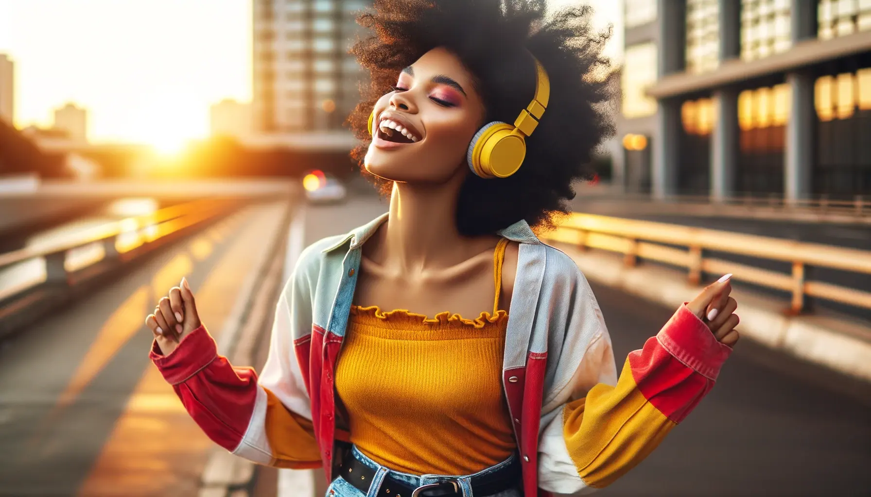 a young stylish African American woman with yellow headphones listening to music and having fun, dancing alone on an urban background at sunset