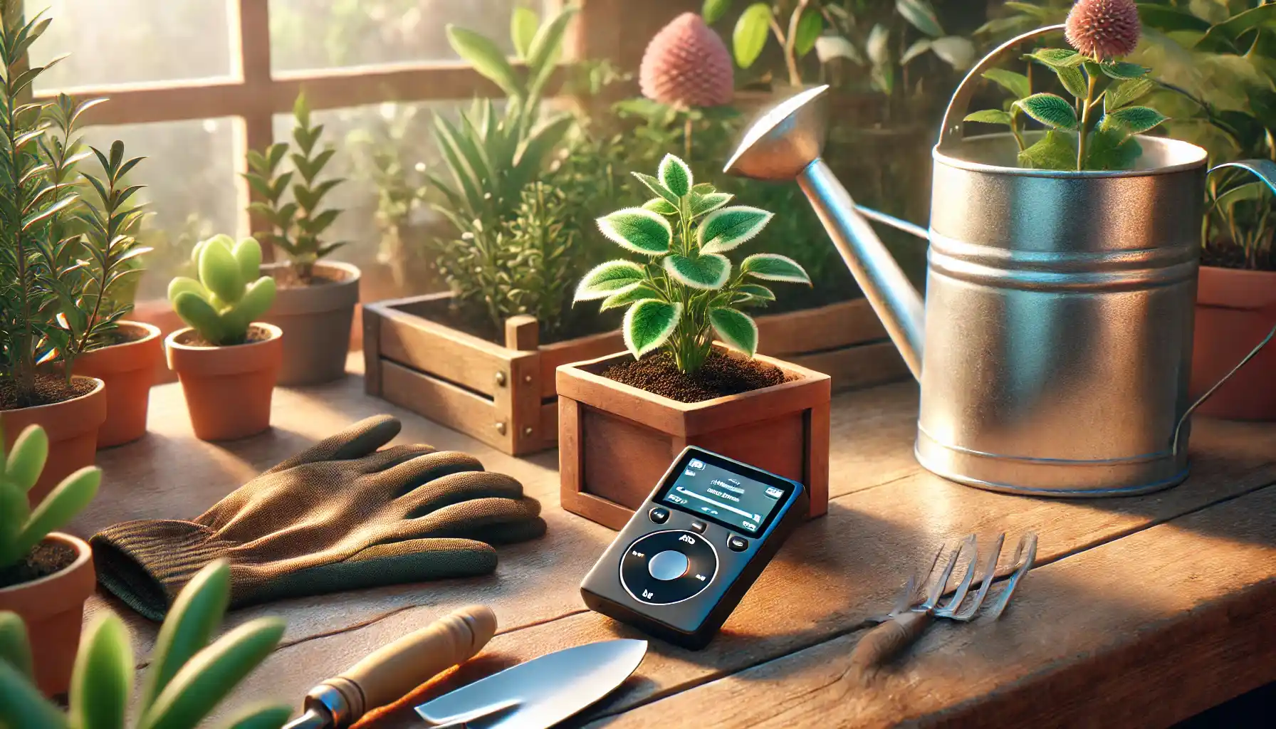 a cozy gardening scene with a small potted plant on a wooden table. Nearby, there is an MP3 player resting on a table beside gardening tools: a trowel, watering can, gloves.
