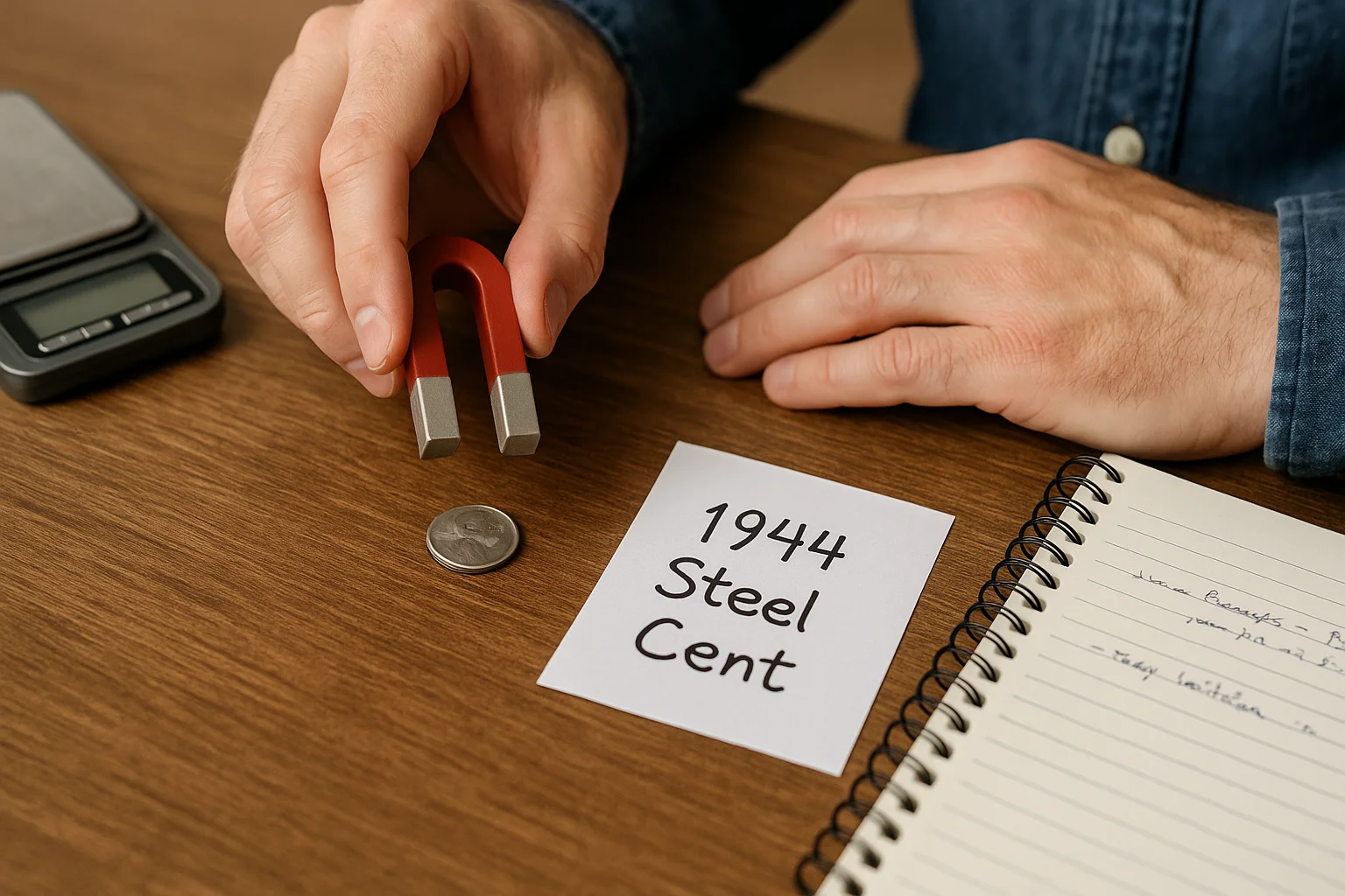A collector checks a silver-colored penny with a magnet to check whether the coin is authentic.
