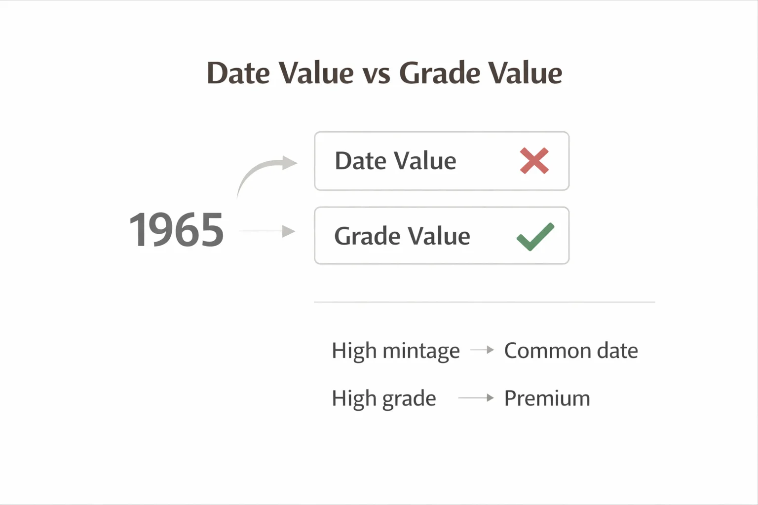  Explanation of the difference between the date value and the grade value for the 1965 Lincoln penny.